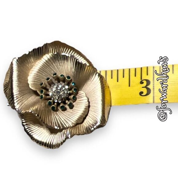 Vintage Gold Tone Metal Floral Brooch with Rhinestone Highlights - Picture 6 of 9